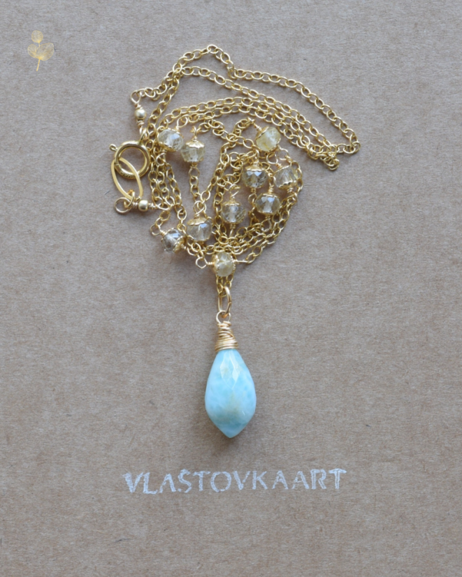 Světlonoš, larimar, rutilový křemen, náhrdelník