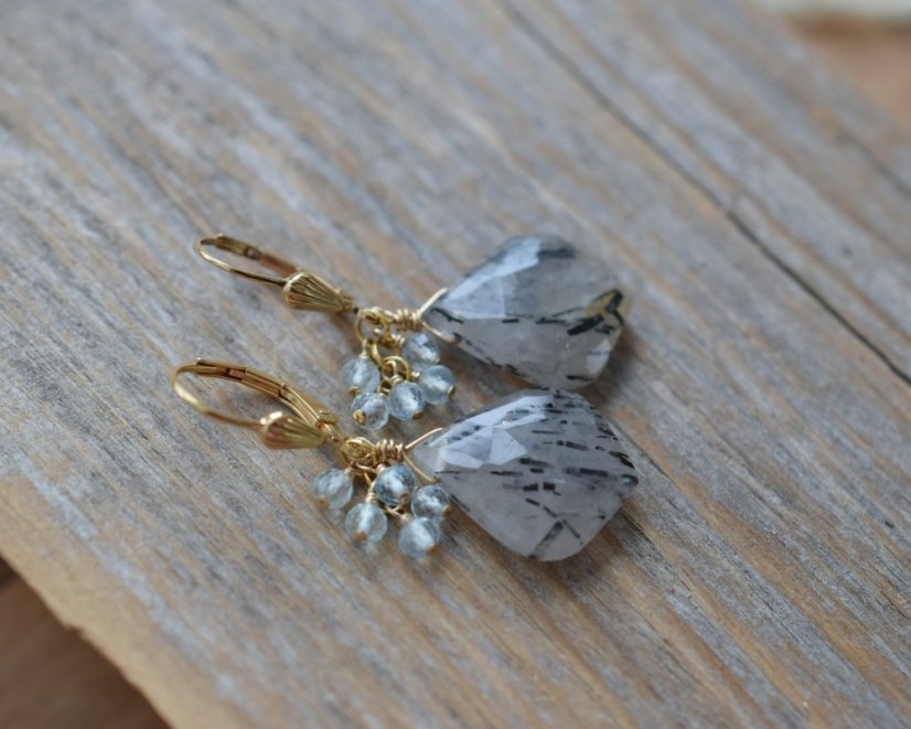 Bouřky, turmalín v křišťálu, akvamarín, náušnice