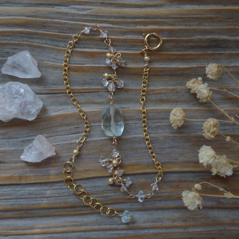 Kamínky ze skal,  náramek akvamarín, hekimer diamond