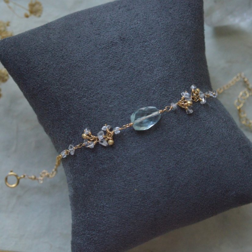 Kamínky ze skal,  náramek akvamarín, hekimer diamond