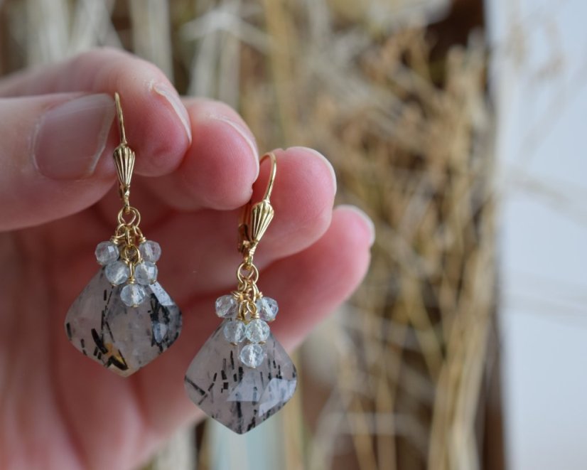 Bouřky, turmalín v křišťálu, akvamarín, náušnice