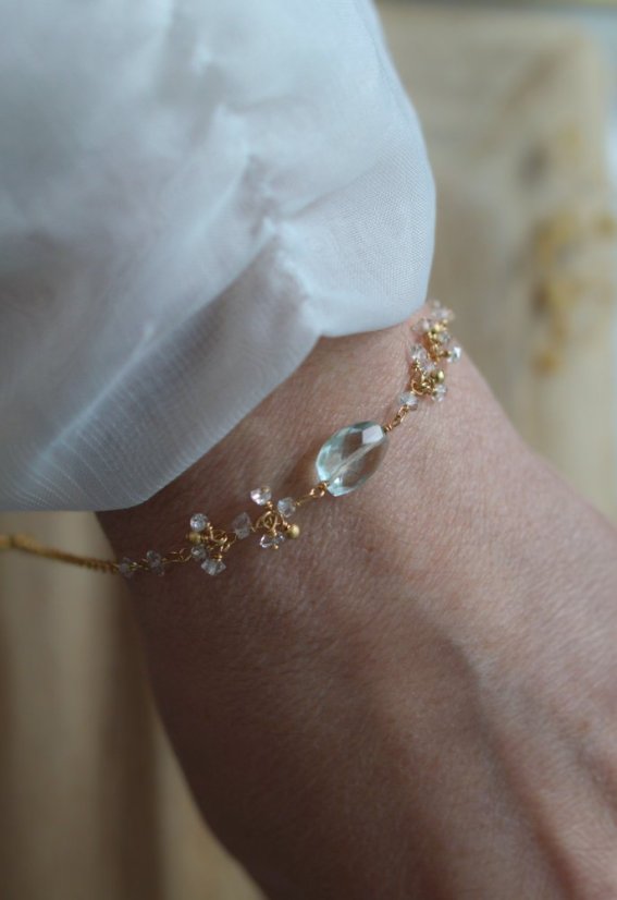 Kamínky ze skal,  náramek akvamarín, hekimer diamond