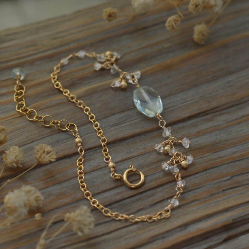 Kamínky ze skal,  náramek akvamarín, hekimer diamond