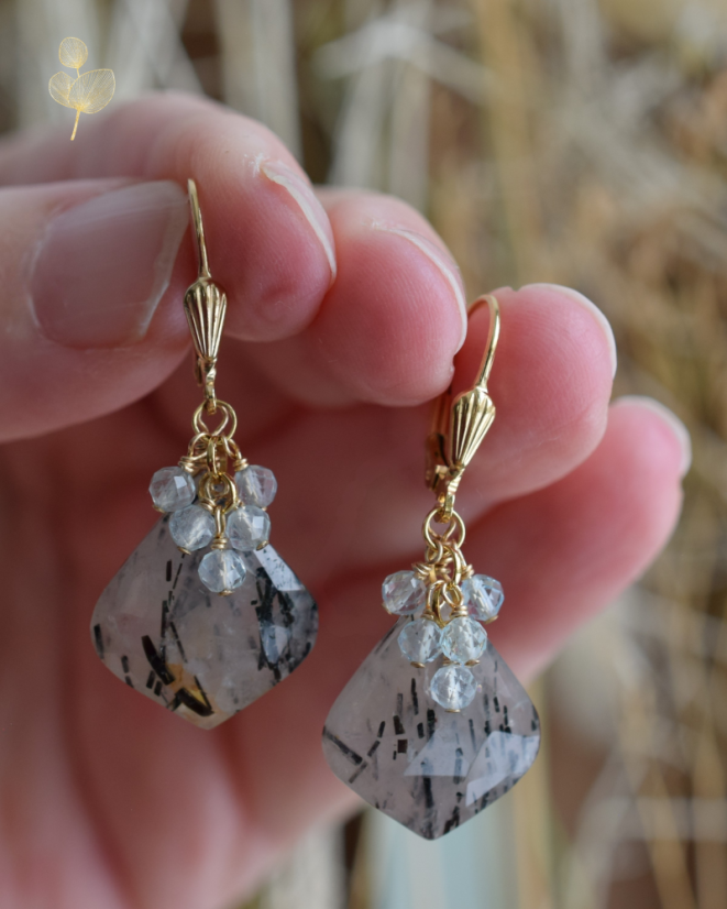 Bouřky, turmalín v křišťálu, akvamarín, náušnice